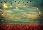 Crescent Moon and Stars over Autumn Field