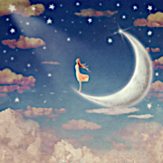 Girl on cresent moon and pink clouds