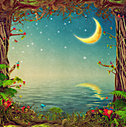 Crescent Moon, Flowers, and Butterflies